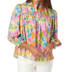 Crosby By Mollie Burch Worth Floral Haze Flowy Mock Neck Blouse Top Shirt XS